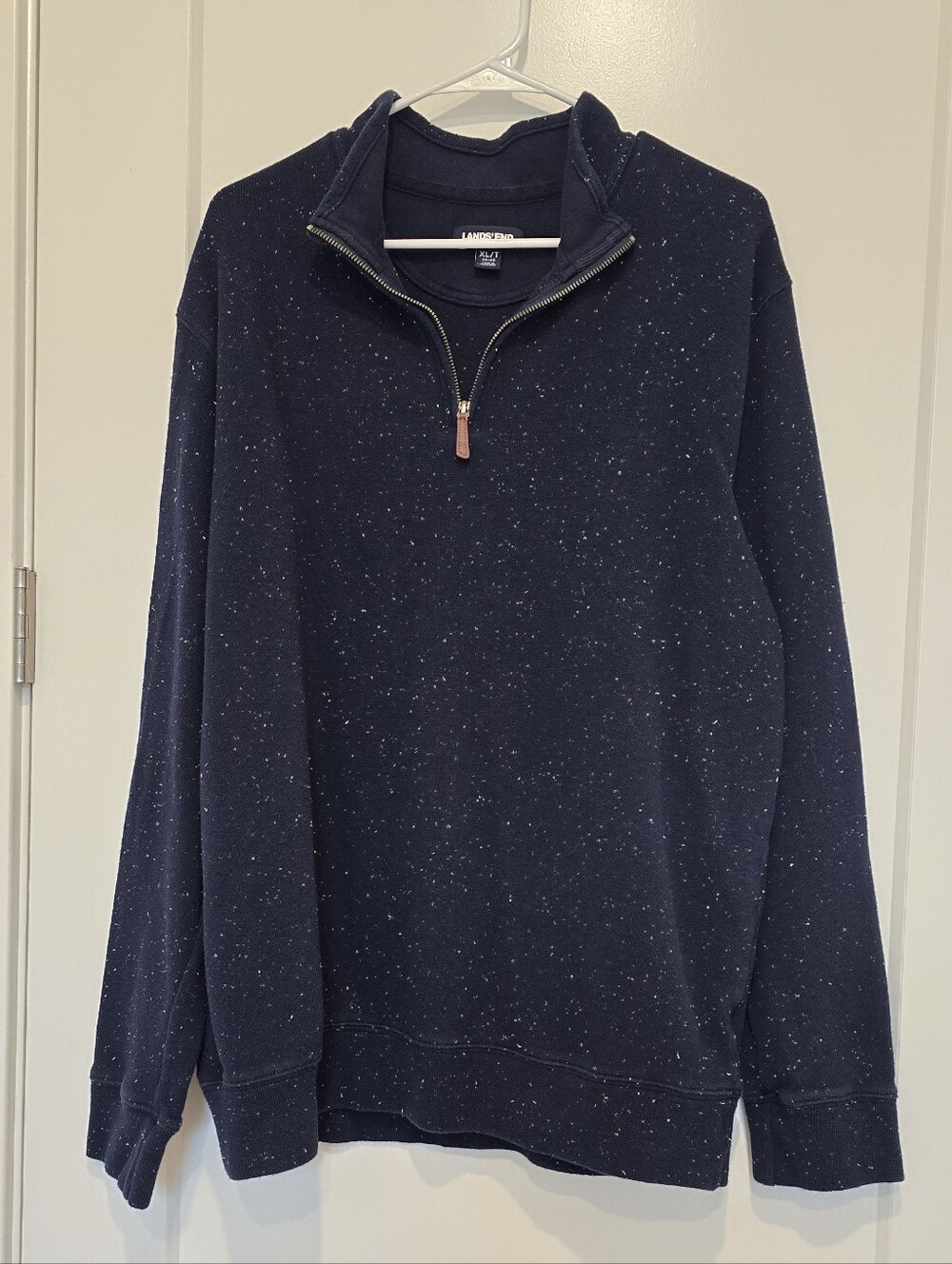 Lands' End Men's Navy Speckled Quarter-Zip Sweater 100% Cotton XL Tall